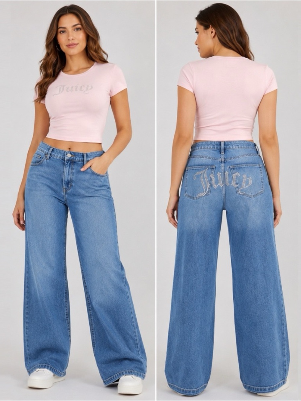 Juicy Couture lunita high rise wide leg jeans rhinestone bejeweled NWOT size 26